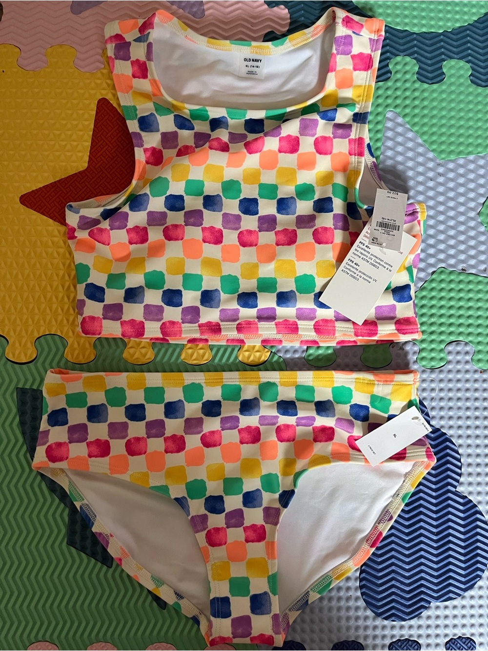 Old Navy Girls' Multicolor Checkered Tankini - Pink, Yellow, Green, Blue, Purple